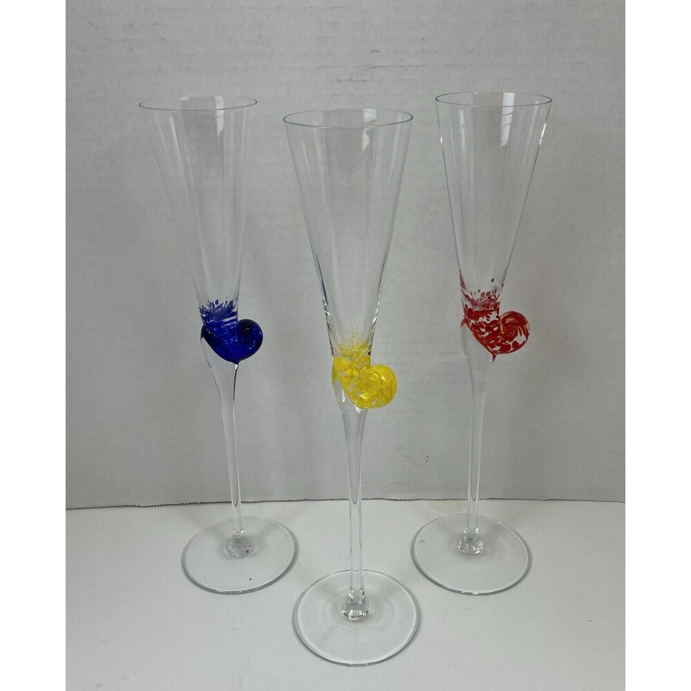 Set of 3 Murano Art Glass Cobalt Snail Escargot Crystal Champagne Flutes